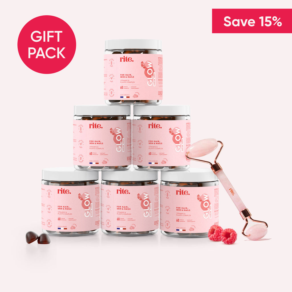 GLOW GUMMIES 6 jars gift pack with FACE ROLLER, save 15% on GLOW GUMMIES for HAIR, SKIN & NAILS