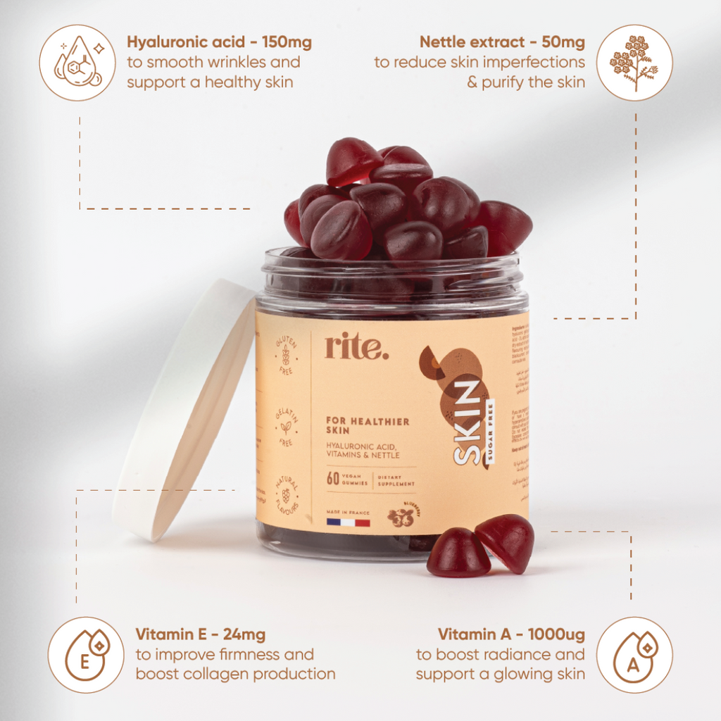SKIN GUMMIES with Hyaluronic Acid, Nettle, and Vitamins to Improve Skin Texture and Glow