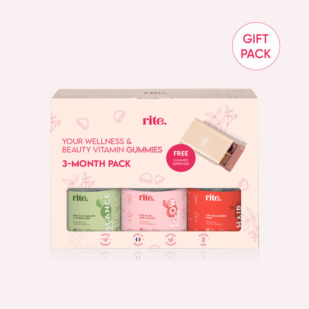 A box of rite. Your Wellness & Beauty Vitamin Gummies in a 3-month pack with a free gift pack on top. 