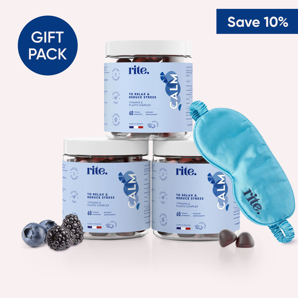 "A gift pack of three jars of Rite. CALM gummies and a blue eye mask on a white background. "