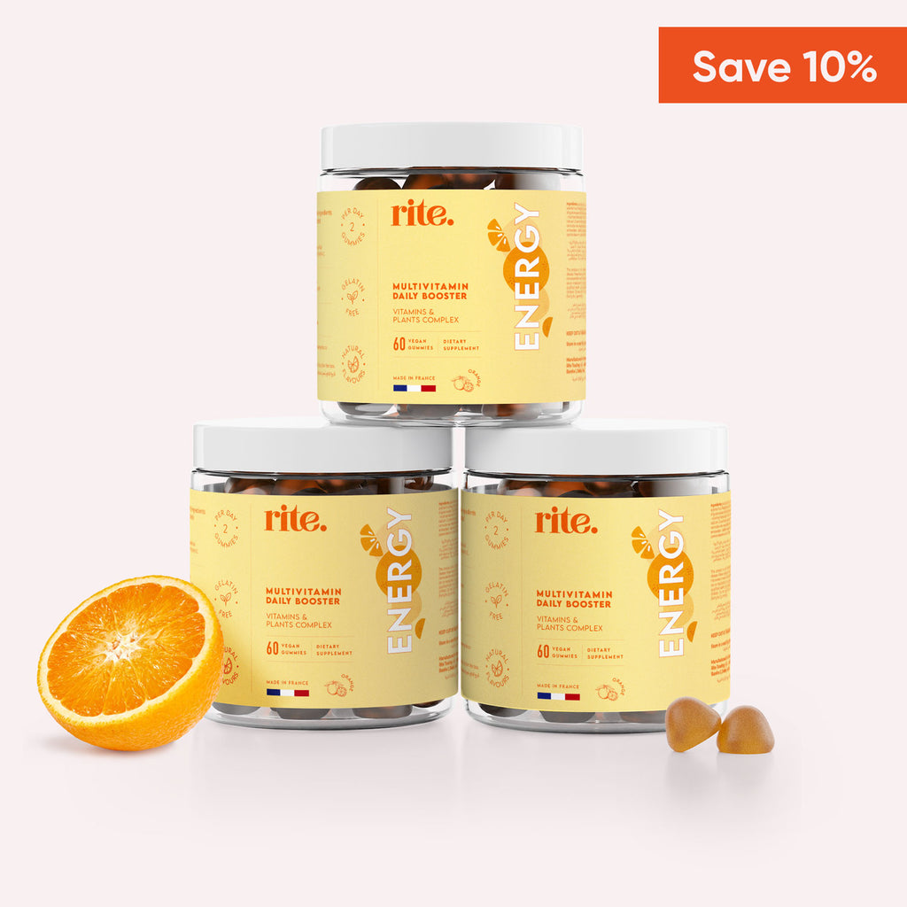 Three jars of Rite brand vegan gummy vitamins in orange flavors next to an orange.Text on the box says "Save 10%”.