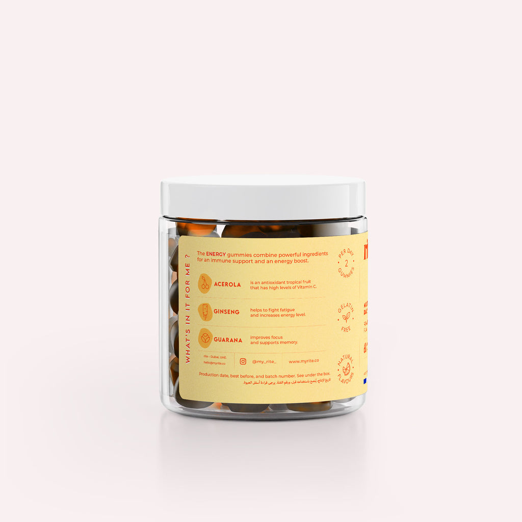 Jar of Rite brand Energy Gummies with label listing ingredients for immune support and energy boost.