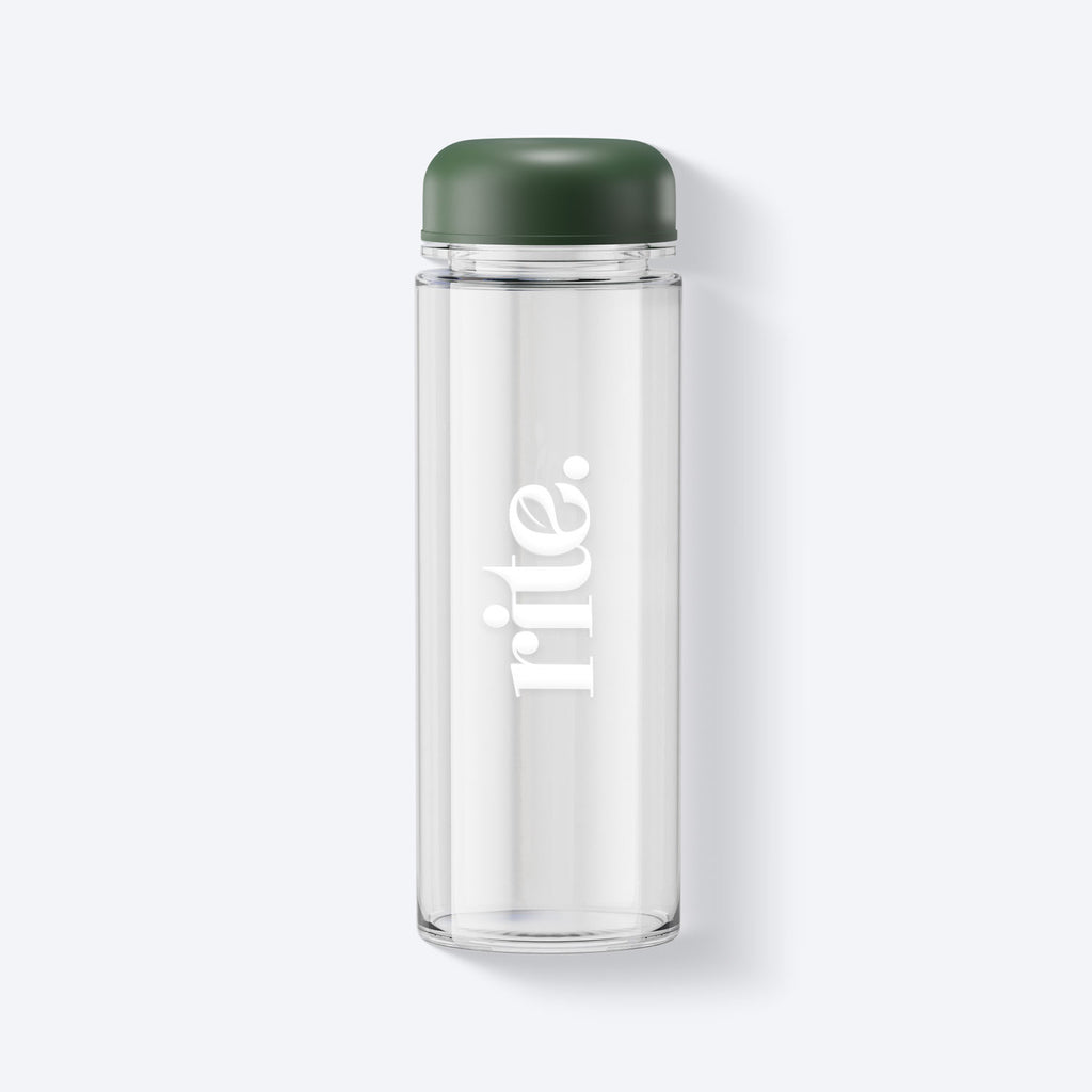 Rite reusable clear water bottle with a green lid, perfect for eco-friendly, on-the-go use and everyday HYDRATION needs.