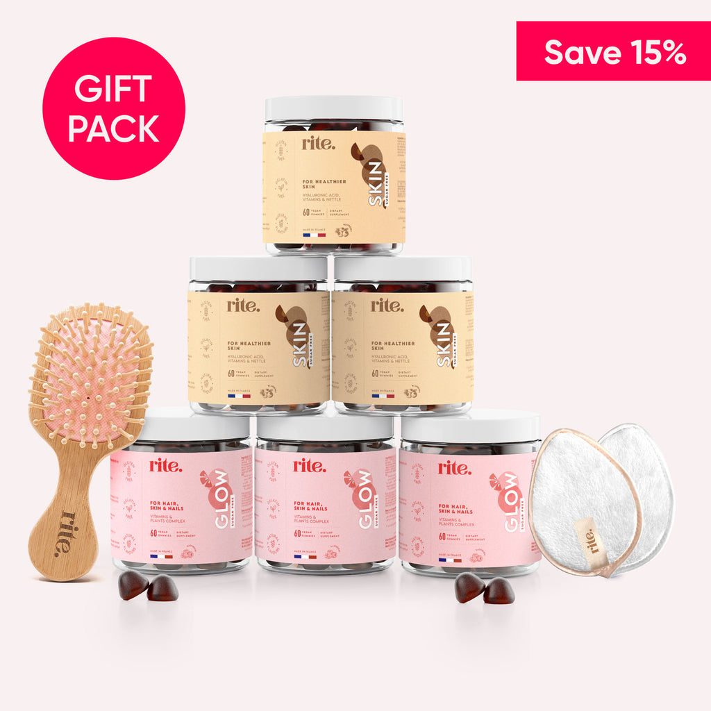 SKIN & GLOW GUMMIES GIFT PACK with brush and makeup remover pads for healthy skin, hair, and nails – save 15%