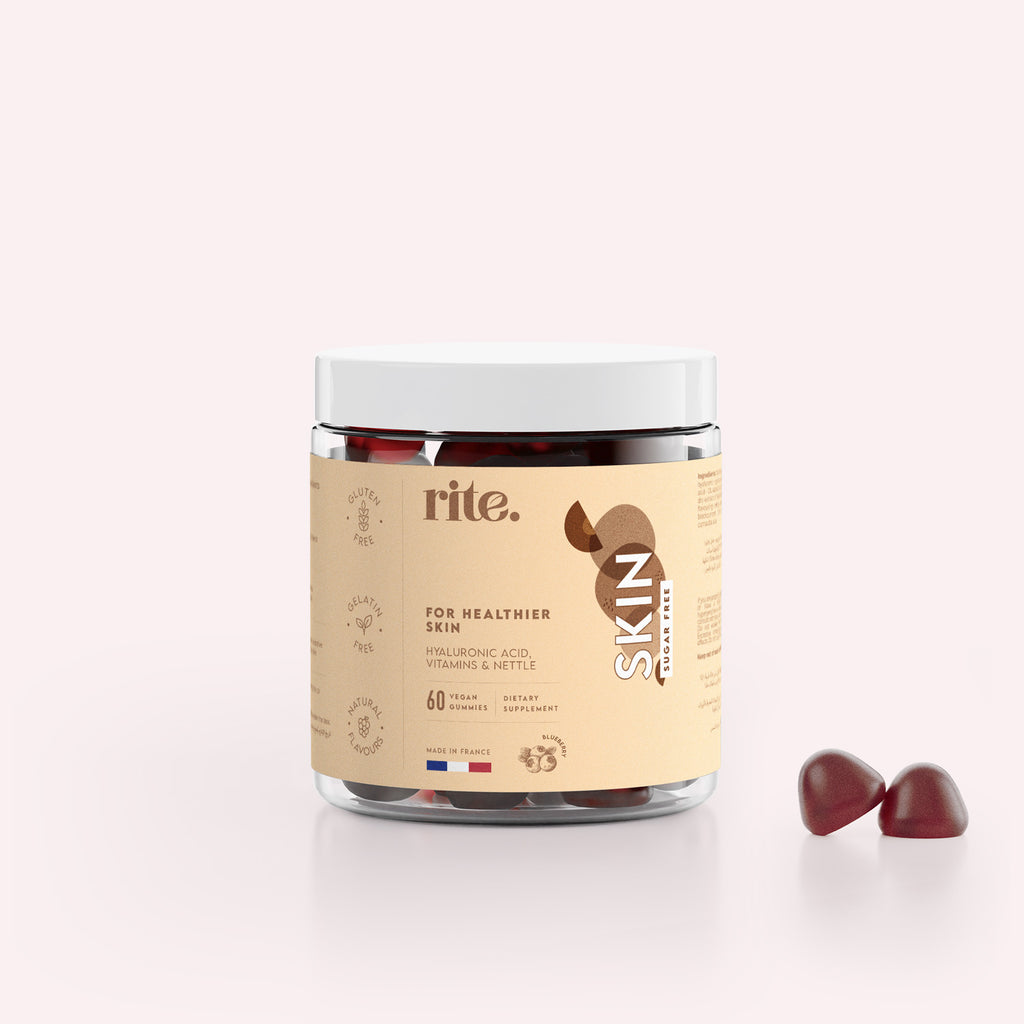 Single jar of RITE. SKIN GUMMIES with vegan SKIN GUMMIES for healthier skin, hyaluronic acid, and vitamins