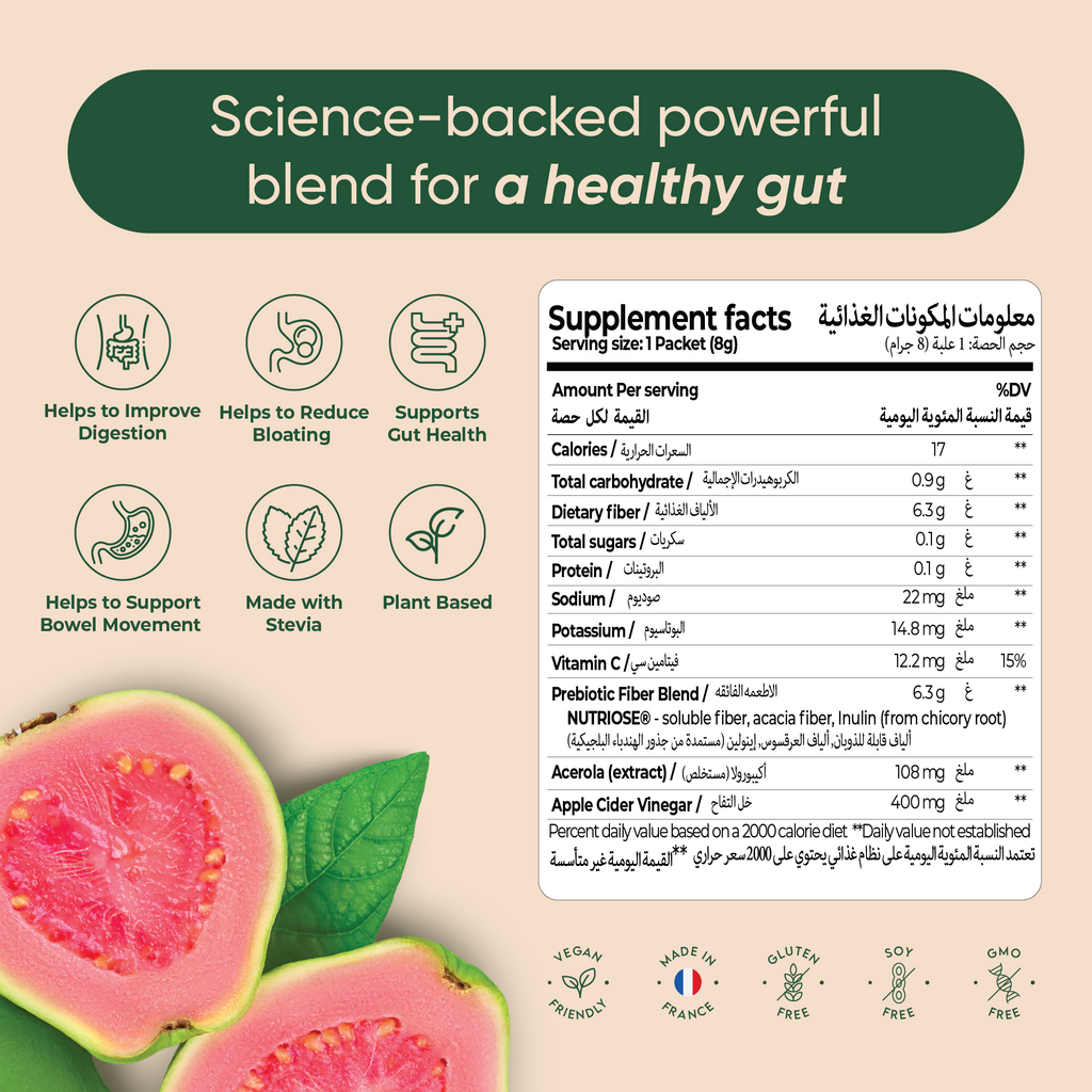 Rite Gut Health, a prebiotic drink mix for digestion and gut health. Contains prebiotic fiber blend, acerola extract, and apple cider vinegar. Vegan, gluten-free, and GMO-free.