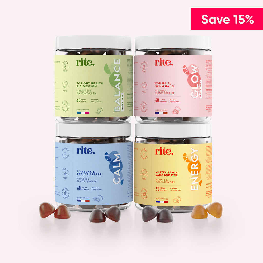 Four jars of Rite vitamin gummies (BALANCE, GLOW, CALM, ENERGY) with colorful gummies in front, offering a complete daily wellness boost with a 15% savings label.