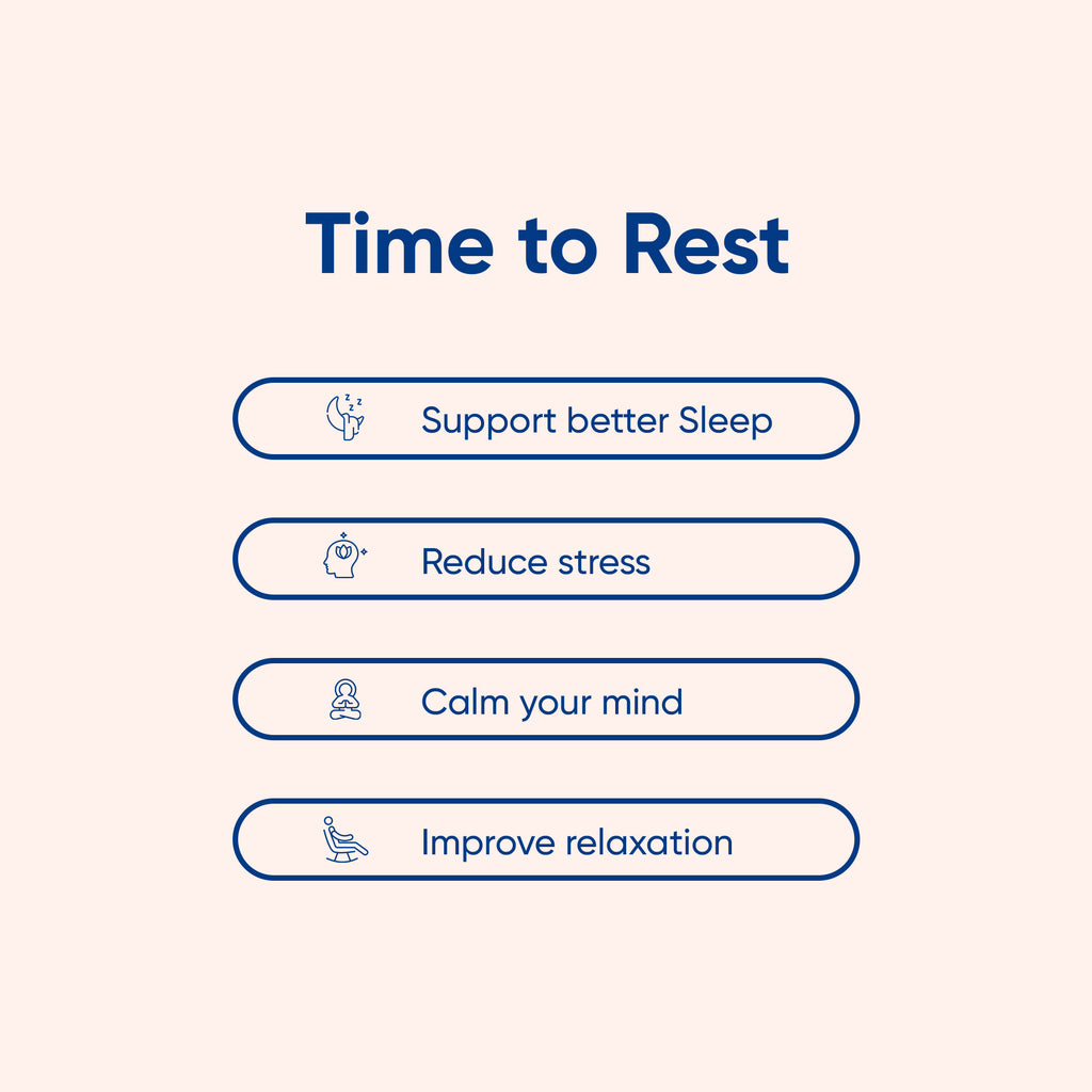 Text in all caps reading "Time to Rest" in a blue, button-like style. Below the text are four phrases in blue.