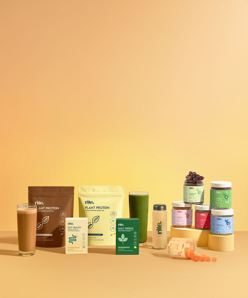 VEGAN PROTEIN & WELLNESS GUMMIES with bottle, superfood drinks and supplements for energy, gut health, and wellness support