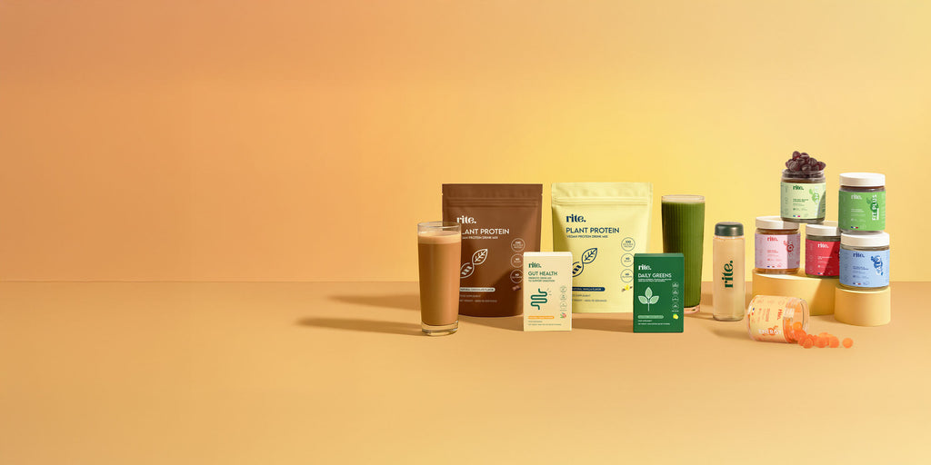 VEGAN PROTEIN & WELLNESS GUMMIES with bottle, superfood drinks and supplements for energy, gut health, and wellness support