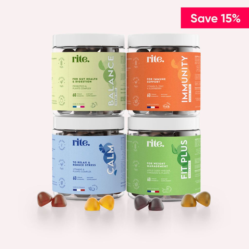 Four jars of RITE wellness supplements - Balance, Immunity, Calm, and Fit Plus - are displayed with colorful gummies, along with a “Save 15%