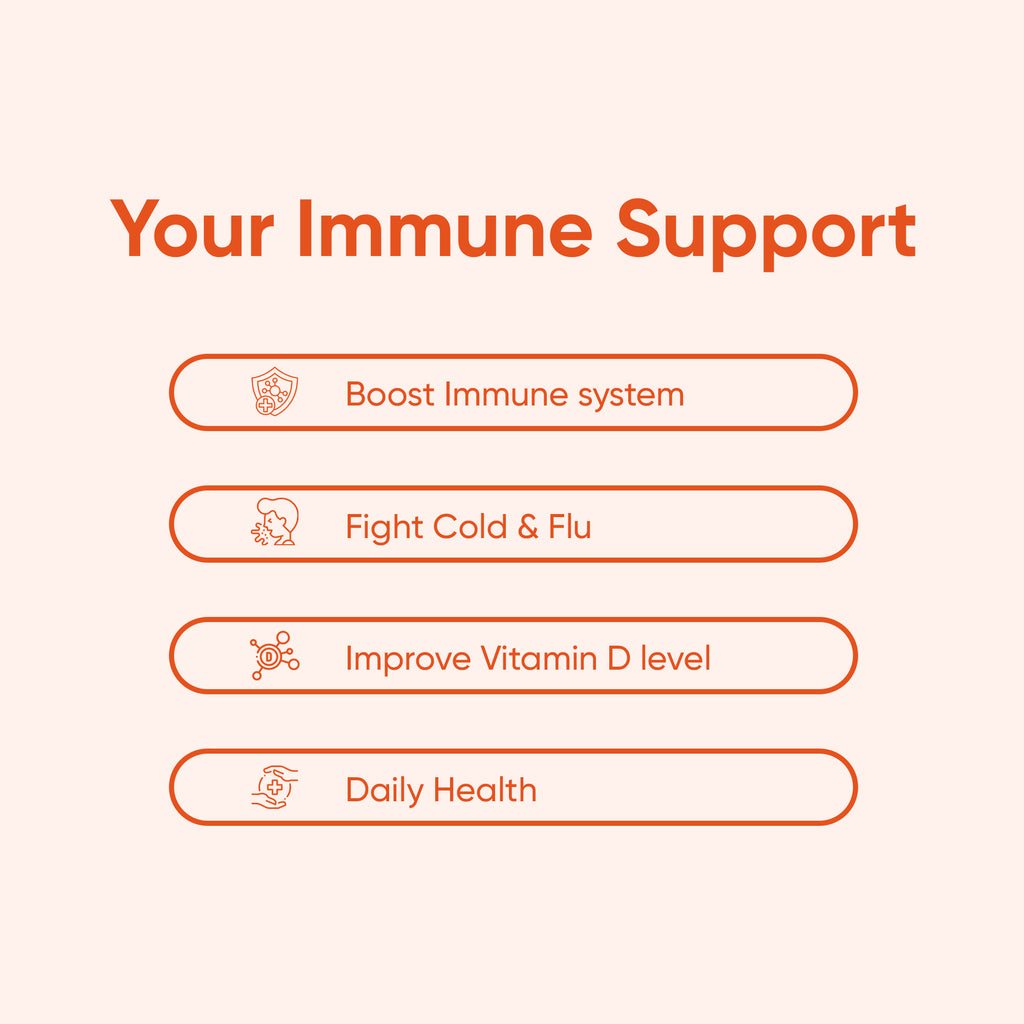 A row of four buttons . The text on the buttons reads, from left to right: "Your Immune Support", "Boost Immune System", "Fight Cold & Flu", "Improve Vitamin D Level", and "Daily Health".