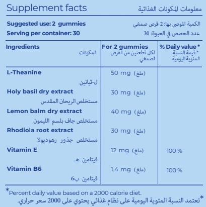 "Supplement facts label information table for a gummy product called ""CALM Vitamin Gummies."" "
